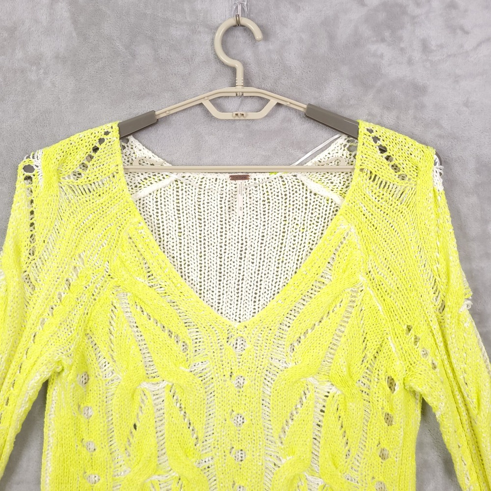 Free People Pullover Sweater Small Spray Highlighter Neon Cable Knit Boho Grunge - Picture 8 of 12